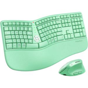 MEETION Ergonomic Keyboard and Mouse, Wireless Keyboard with Vertical Mouse, Split Curved Keyboard with Wrist Rest, USB C Rechargeable Full Size, Windows/Mac/PC/Laptop, Green
