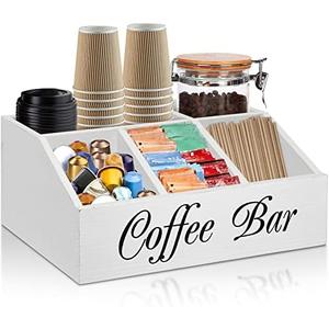 ugiftt Coffee Station Organizer for Counter, Wood Coffee Pods Holder Storage Basket, Tea Condiment Storage Organizer, Rustic Wood Bar Decor for Accessories