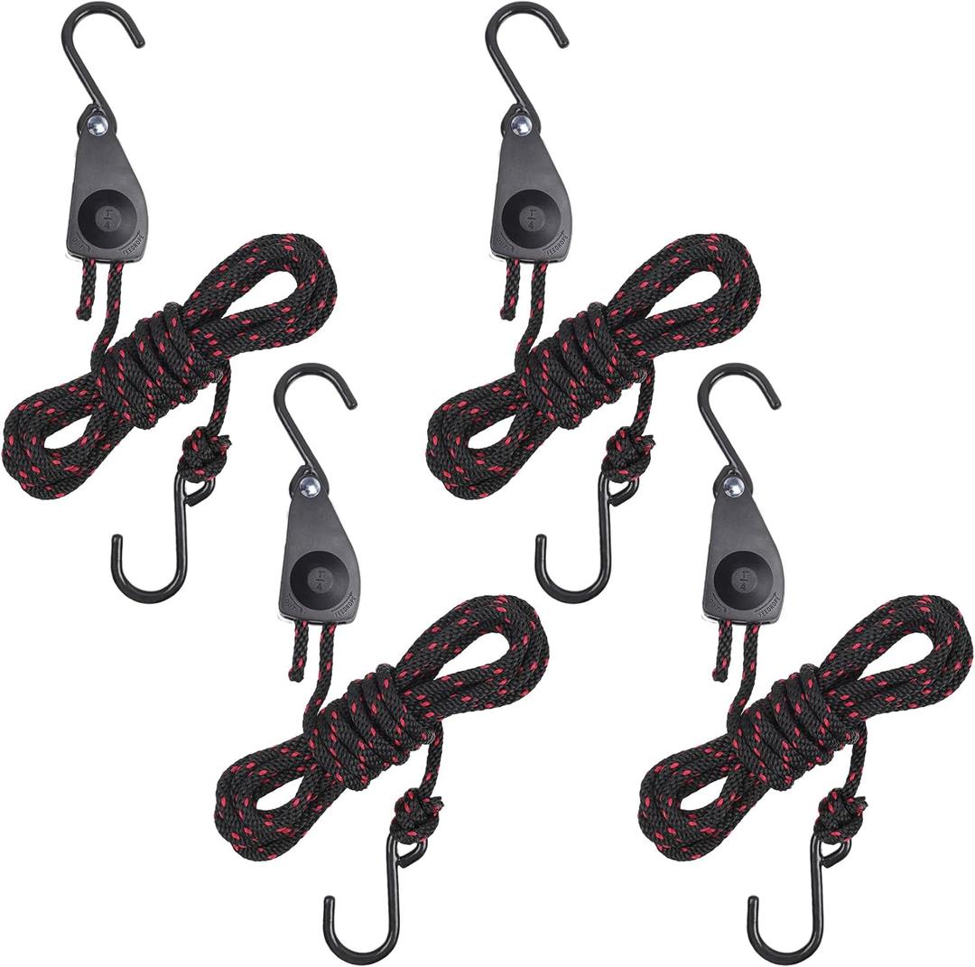 Longer 1/4" Adjustable Rope Hanger, 4Pcs 12FT Heavy Duty Tie Down Ropes, Ratchet Strap for Grow Light Hanging Plant Tent Carport Motorcycle Boat SUV Truck Bicycle (Black&White)