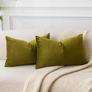 JUSPURBET Olive Green Decorative Lumbar Velvet Throw Pillow Covers 12x20,Pack of 2 Luxury Soft Solid Cushion Cases for Sofa Couch Bed 
