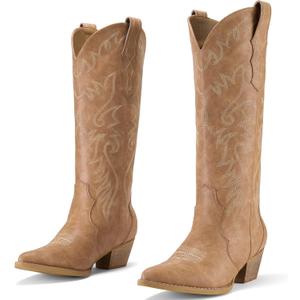 Rollda Cowboy Boots for Women Cowgirl Boots Embroidered Knee-High Western Boots Pointy Toe with Chunky Heel (8, Tan)