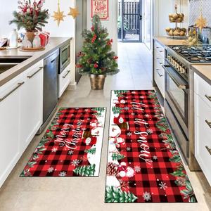 Christmas Kitchen Mats Set of 2,Christmas Snowman Holiday Floor mats, Merry Christmas Snowflake Black Red Buffalo Plaid Winter Kitchen Rugs(Red, 19.7"x31.5"+19.7"x47.3")