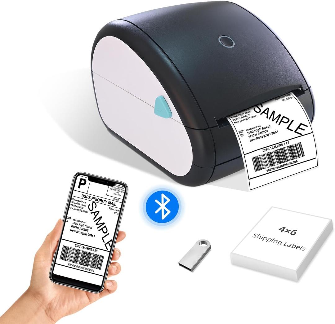 Thermal Label Printer 4x6, Bluetooth Shipping Label Printer for Small Businesses, with Built-in Paper Holder, Compatible with Amazon Shopify USPS