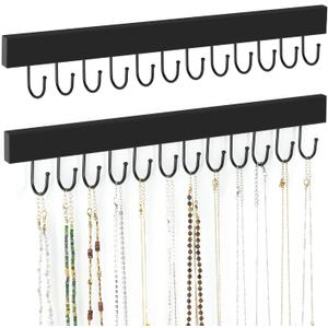 ZEDODIER 2 Pack Necklace Organizer Wall Mount, Wooden Jewelry Hanger Necklace Holder with 24 Hooks,Hanging Jewelry Organizer, Black