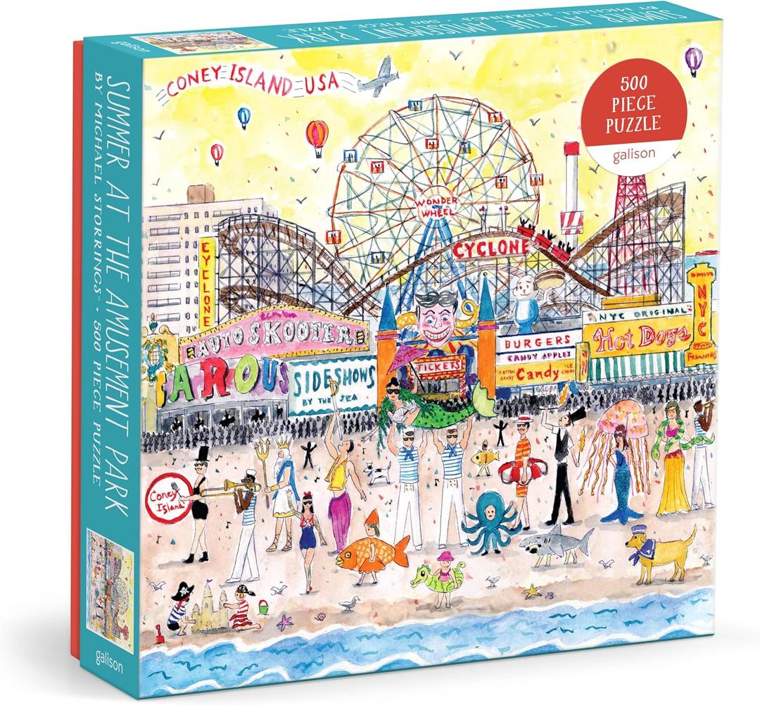 Galison Michael Storrings 500 Piece Jigsaw Puzzle for Families, Summer at The Amusement Park Scene, Great Family Puzzle to Enjoy Together
