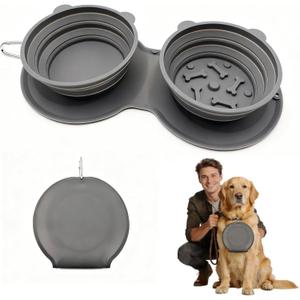 2-in-1 Collapsible Dog Bowl for Travel, Portable Dog Water Bowl with Carabiner Clip, Foldable Silicone Food Dish for Pets Outdoor Hiking Camping Walks (Gray)