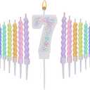 Number 7 Birthday Candles for Cake with 18 Pieces Spiral Candles with Macaron Pastel Rainbow Pink Cake Toppers for Girls Happy Birthday Party Decorations