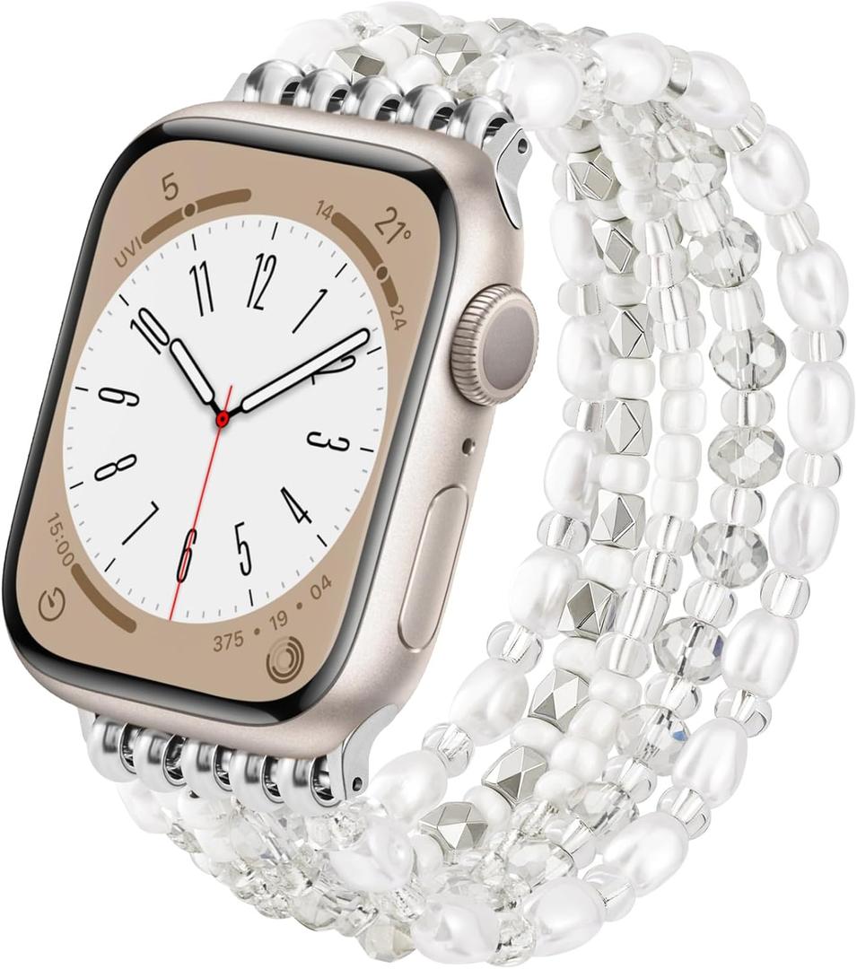 VISOOM Beaded Boho Bracelet For Apple Watch 10 Se(2nd Gen) Bands Women 42mm 41mm 40mm 38mm, Pearl Wrap For Cute Stretchy Fancy Apple iWatch iPhone Series 10 Se 9 8 7 6 5 4 3 2 1 Watch Straps Band (Silver White)