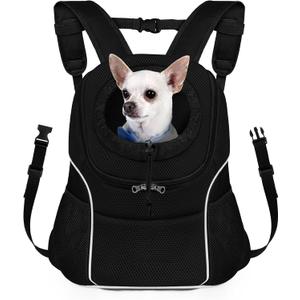 WOYYHO Pet Dog Carrier Backpack Small Dog Front Backpack Ventilated Dog Carrier Back Pack with Storage Pockets, Adjustable Straps & Safety Belt for Travel Hiking Outdoor (Size M: 5-9 lbs, All Black)