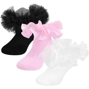 2 x SAOROPEB Toddler Ruffle Socks, 3 Styles5 Size, Frilly Dress Socks for Girls Princess Lace Ruffles Socks Set (White-pink-black)