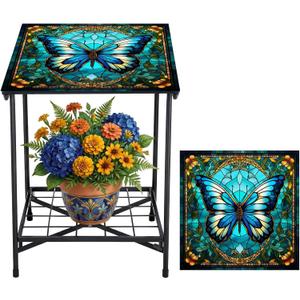 Cinnvoice Outdoor Side Table 2-Tier Storage Square Small Mosaic Patio Accent Indoor End Plant Coffee Tea Table for Yard Patio Porch Garden Living Room, Bedroom(Butterfly Style)