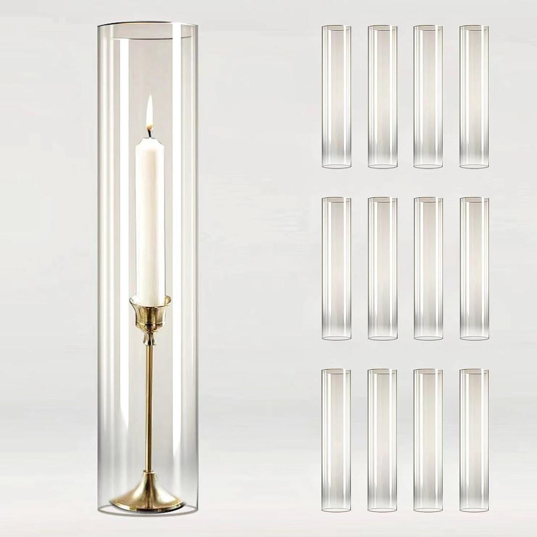 12 Pcs 2.5" W x 14" H Hurricane Glass Candle Holders - Bottomless Glass Hurricane Pillar Candle Holder Open Ended Cylinder Vase Sleeve Tube Cover for Pillar Candleholders