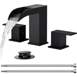 FORIOUS Square Matte Black Waterfall Bathroom Faucets 3 Hole, 8 Inch Widespread Bathroom Sink Faucet with Metal Pop-up Drain and Supply Lines, Two Handles for Vanity, Lavatory, Restroom