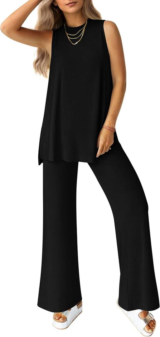PRETTYGARDEN Women's 2 Piece Lounge Set 2025 Summer Casual Loose Tank Top Wide Leg Pants Matching Travel Outfits Tracksuit (X-Large, Black)