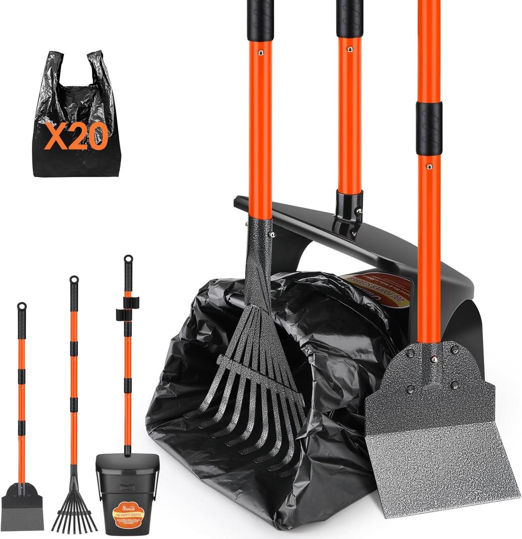 SlowTon Dog Pooper Scooper - 37.4" Long Handle Adjustable Metal Swivel Bin & Rake & Spade Kit with 20 Waste Bags, Portable Pooper Scooper for Gravel Lawn Grass, Suit for Small Medium Large Dog (Orange)