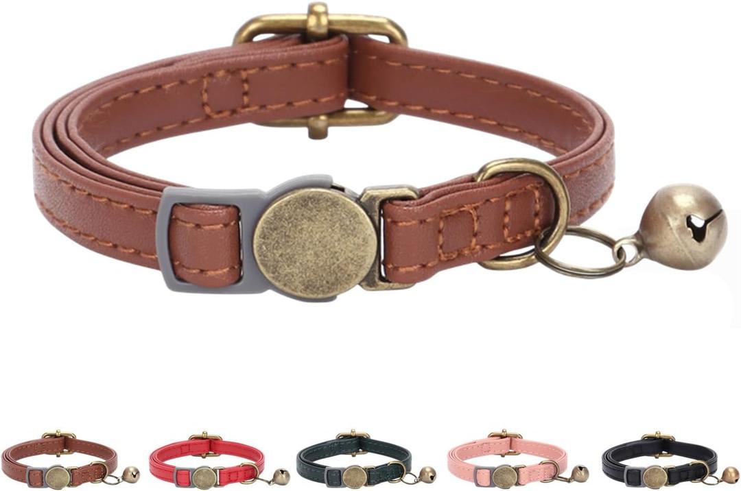 THAIN Leather Cat Collar with Bell Breakaway- Adjustable, Durable, Retro Bell fit Most Cats and Kittens (Brown)