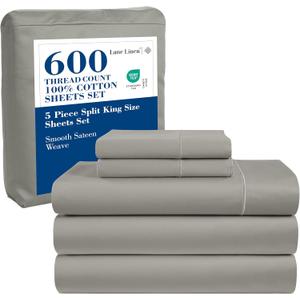 LANE LINEN Split King Sheets Sets for Adjustable Beds - 5 PCs, 600 TC Split King Sheets Set - Sateen Weave King Split Sheets for Adjustable Bed - Split Top King Sheets Set for Adjustable Bed - Silver