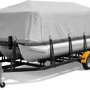 Pontoon Boat Cover 19-21 ft, 1200D Heavy Duty Waterproof Pontoon Cover with 14 Windproof Straps, Elastic Hem & Storage Bag, Fits 19 ft 20 ft 21 ft Pontoon Boats Up to 8 ft Beam, Gray