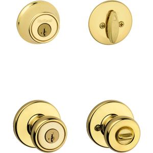 Kwikset 690 Tylo Entry Knob and Single Cylinder Deadbolt Combo Pack Featuring SmartKey in Polished Brass, Key Lock
