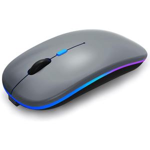 Wireless Bluetooth Mouse Rechargeable Laptop Mice with LED Lights Silent Slim Use(BT5.2 and 2.4G Portable USB) Dual Mode Computer Mouse for Laptop/iPad/Tablet/Apple/Computer/Mac (Grey)