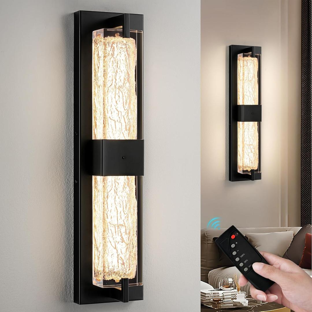 Battery Operated Resin Wall Sconce - Wireless Rechargeable Black Wall Light Dimmable LED Remote Wall Sconces Lighting Modern Cordless Vanity Light Fixtures No Wiring for Living Room Bedroom Bathroom (19 Inch)