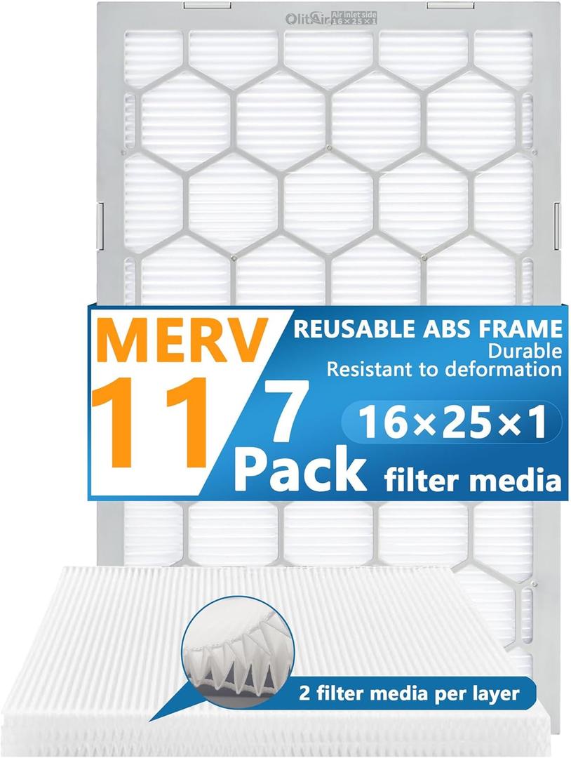 16x25x1 MERV 11 Air Filter,AC Furnace Air Filter,Reusable ABS Plastic Frame, 7 Pack Replaceable Filter Media (Actual Size: 15 3/4" x 24 3/4" x 3/4")