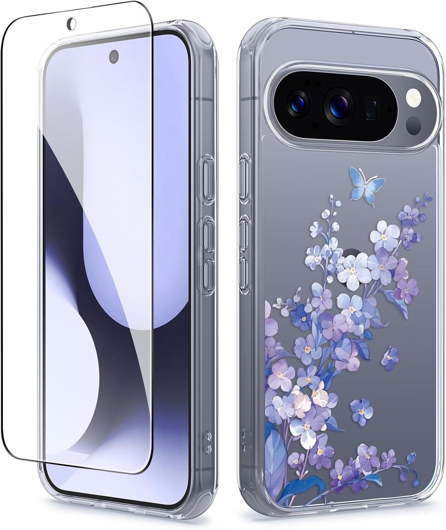 GVIEWIN for Google Pixel 10 Case/Pixel 10 Pro Case with Screen Protector, [Military Grade Drop Protection] Non Yellowing Clear Floral Slim Phone Cover for Women 2025 6.3" (Syringa/Purple)