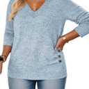 Oversized T Shirts for Women Dressy Long Sleeve Shirts Winter Solid Color Blouses Cute Elegant V Neck Tops 2XL Blue