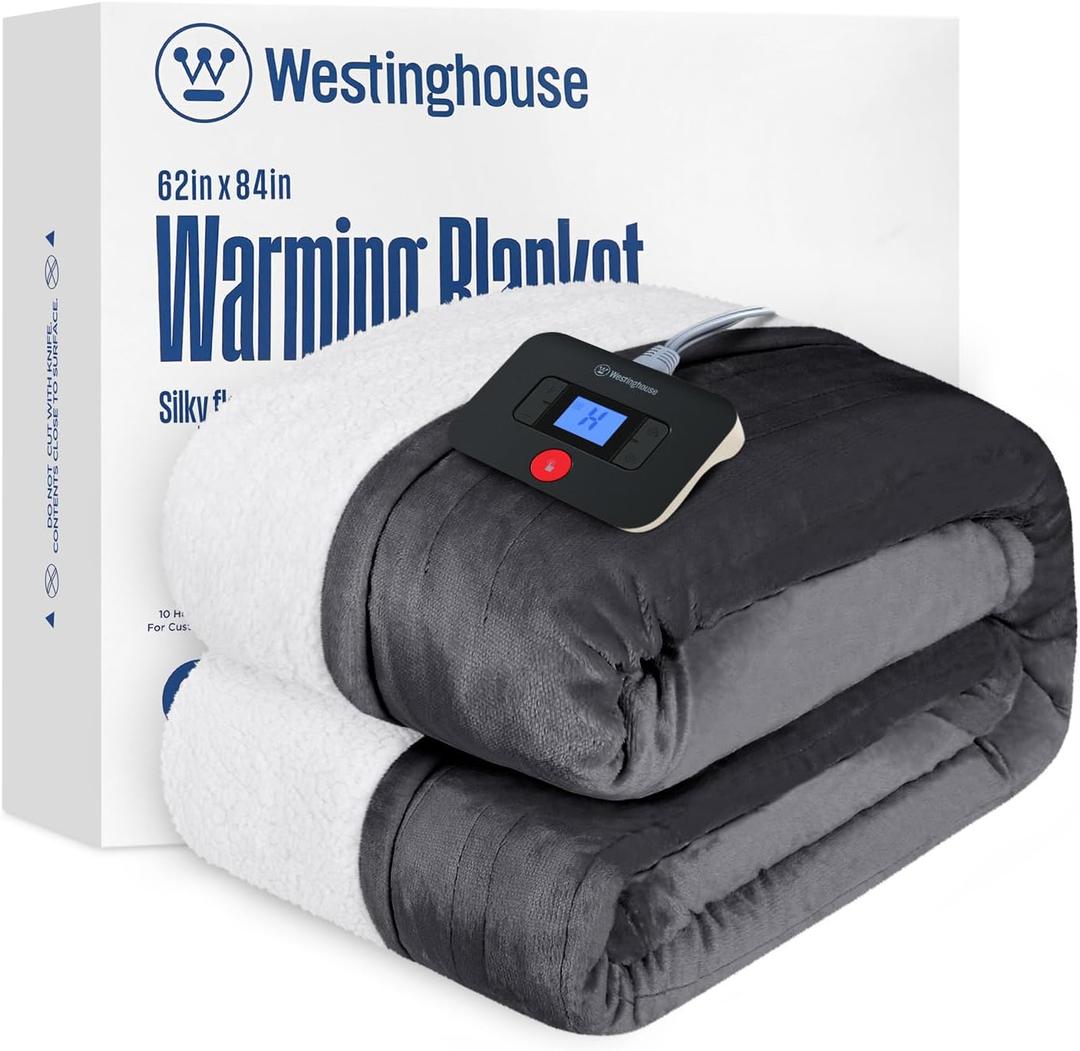 Westinghouse Electric Blanket Twin, Heated Blanket Twin Size with 10 Heating Levels and 1 to 12 Hours Heating Time Settings, Flannel to Sherpa Reversible, Machine Washable (62" x 84", Charcoal)