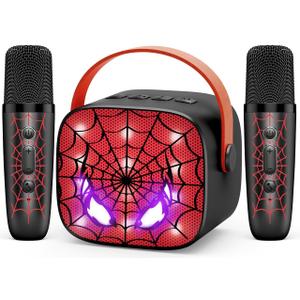 Cool Mini Karaoke Machine Toys: Kids Toys Easter Birthday Gifts Age 3-12+ LED Portable Bluetooth Speaker with 2 Wireless Microphone Basket Stuffers Gift Toy for 4 5 6 7 8 9 Years Old Girls Boys (Black)