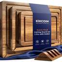 Kikcoin Acacia Wood Cutting Boards for Kitchen, 3 PCS Wooden Cutting Board Set with Holder, Chopping Board with Compartments and Juice Groove, Solid Charcuterie Boards Serving Tray Wood Butcher Block