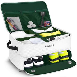 YOREPEK 2 Layer Golf Trunk Organizer, Golf Gifts for Men with Separate Ventilated Compartment for 2 Pair Shoes, Waterproof Car Trunk Locker for Balls, Tees, Clothes, Gloves, Gifts for Golfers (Standard-White)