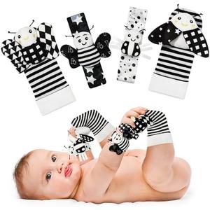 Yeeeasy Baby Rattle Cotton Socks and Wrist Rattle Strap Set, Infant Toys 3 6 9 12 Months, Baby Gifts for Boys and Girls, Develop Babies Sensory Toys, Black and White 3 pack
