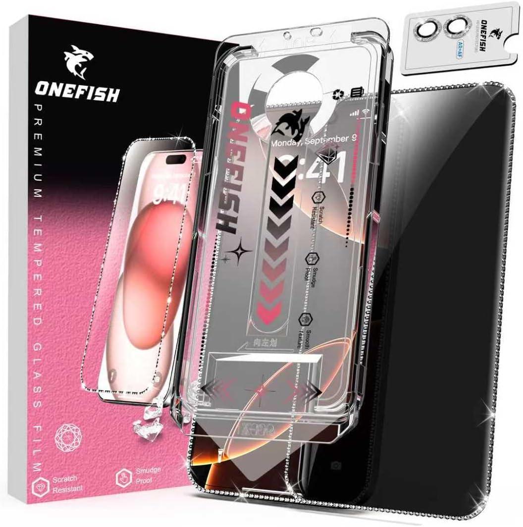 OneFish Women Fashion Privacy Screen Protector for iPhone 15 [6.1 inches] + Camera Lens Protector, Sparkling Diamond Bling Edge 9H Tempered High-Definition Glass