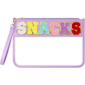 Clear Snack Bag for Travel, Chenille Letter Clear Zipper Snacks Pouch Nylon Cosmetic Bag Makeup Travel Bag for Women