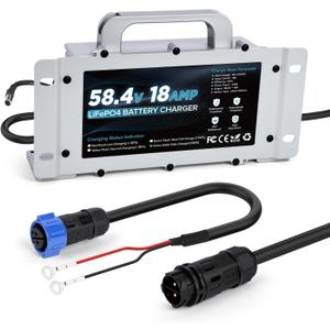 48 Volt 18A Lithium Battery Charger 0V Wake Up & 1250W Fast Charging with 2 Mounting Ways 58.4V LiFePO4 Charger IP67 Waterproof,7 Protections, for 48V(51.2V) Golf Cart/Forklift/RV/Boat LiFePO4 Battery