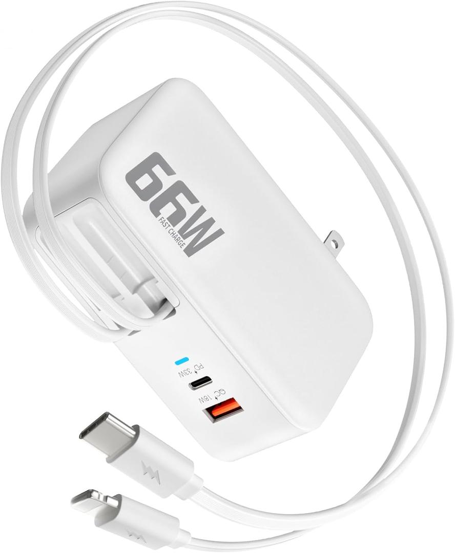 66W 4 in 1 Retractable Wall Charger,USB Type C Fast Charger for iPhone 17 Travel Charger for Multiple Devices,Fast Charging Block for Mac Book Pro/Air,M1 M2 M3 M4 M5, iPad Pro,Galaxy,Pixel