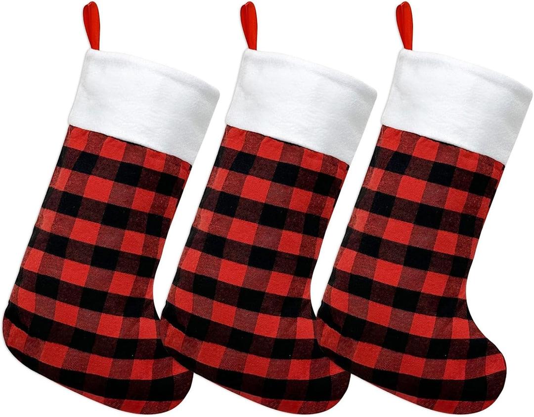 allydrew Christmas Buffalo Plaid Stockings with Plush White Cuff, Hanging Fireplace Holiday Decoration (Set of 3), Red