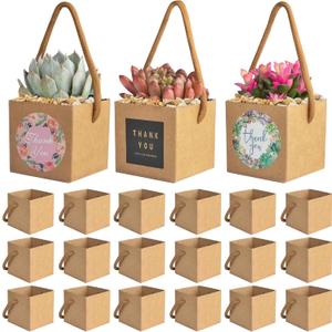 50PCS Succulent Wrap Bags with 104PCS Thank You Stickers, Fits 2.36In Pots Kraft Paper Succulent Gift Box with Handle, Baby Shower Party Favors for Guests Mini Succulent Gift Bag for Christmas Wedding