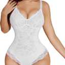 SHAPSHE Lace Bodysuits for Women Sexy V Neck Lined Slimming Thong Shapewear Tummy Control Sleeveless Body Suit (Large, Beige)