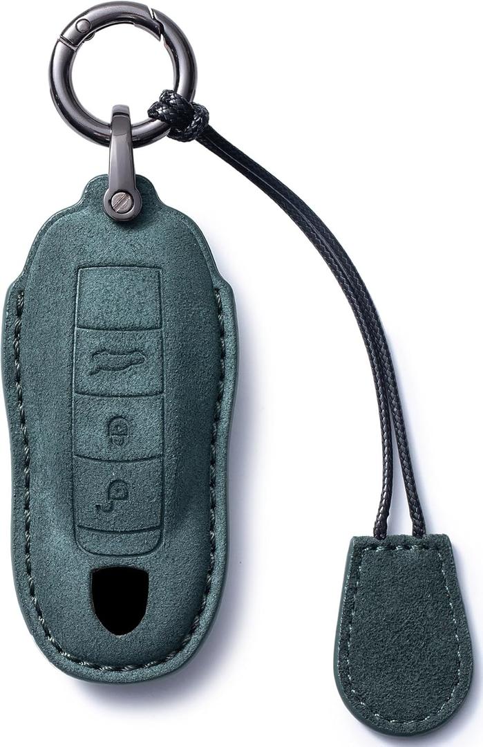 Suede Genuine Leather Smart Key Fob Case with Leather Key Strap Compatible for Porsche 718, Porsche 911, Porsche Panamera, Porsche Cayenne