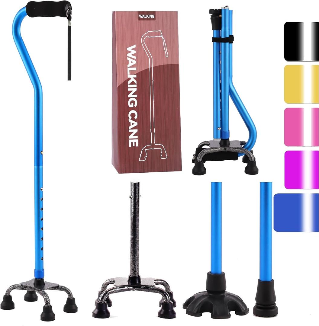 LIXIANG Walking Canes Stablize Women Quad Canes for Seniors & Adults Foldable Adjustable for Men & Women Heavy Duty Freestanding Cane for People with Leg Injuries 3 footings (Blue)