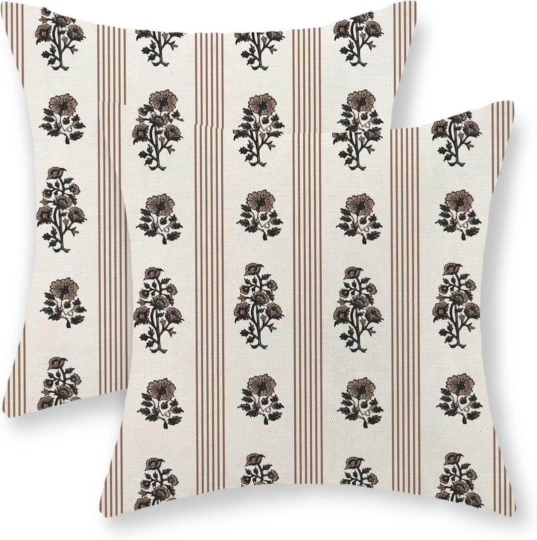 Floral Pillow Covers 16x16 Inch Set of 2 Block Print Brown Throw Pillows Vintage Flower Boho Outdoor Decorative Pillow Cases Striped Farmhouse Linen Cushion Case for Couch Sofa Home Decor
