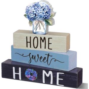 Cinnvoice 4 Pcs Farmhouse Wooden Tabletop Decor Blue Hydrangea Spring Rustic Tiered Tray Decor Home Sweet Home Table Centerpiece for Kitchen Decoration Gifts Fireplace Mantel Floating Shelf