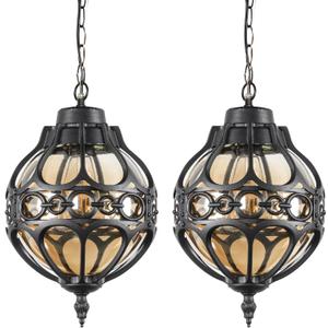 Globe Outdoor Pendant Lights for Porch Patio Garage, Matte Black Aluminum Anti-Rust Hanging Light Fixture, Industrial Round Amber Glass Exterior Chandelier, Outside Pendant Lamp, 2 Pack (10.6"(H)-2 Pack)