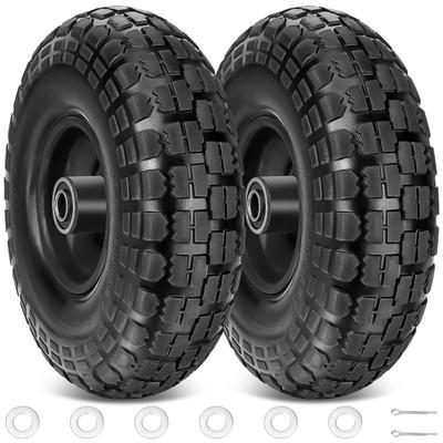 10" Solid Tires, 2 Pack Flat Free 4.10/3.50-4'' Wheels with 5/8” Axle Bore Hole and Double Sealed Bearings (Black, 2PK)