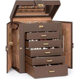AKOZLIN 6-Tier Jewelry Box Organizer Functional 5 Drawers Leather Jewelry Storage Case for Women Girls Ring Necklace Earring Bracelet Holder Organizer with Mirror Brown