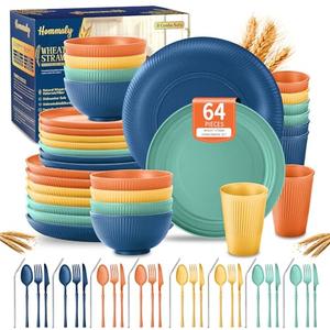 Wheat Straw Dinnerware Sets,64-Piece Plates and Bowls Sets for 8-Unbreakable,Reusable Plastic Dish Set-Dinner Plate/Dessert Plate/Cereal Bowl/Cup/Utensils-Dishwasher Safe 64P-JadePeak Lake Sunset