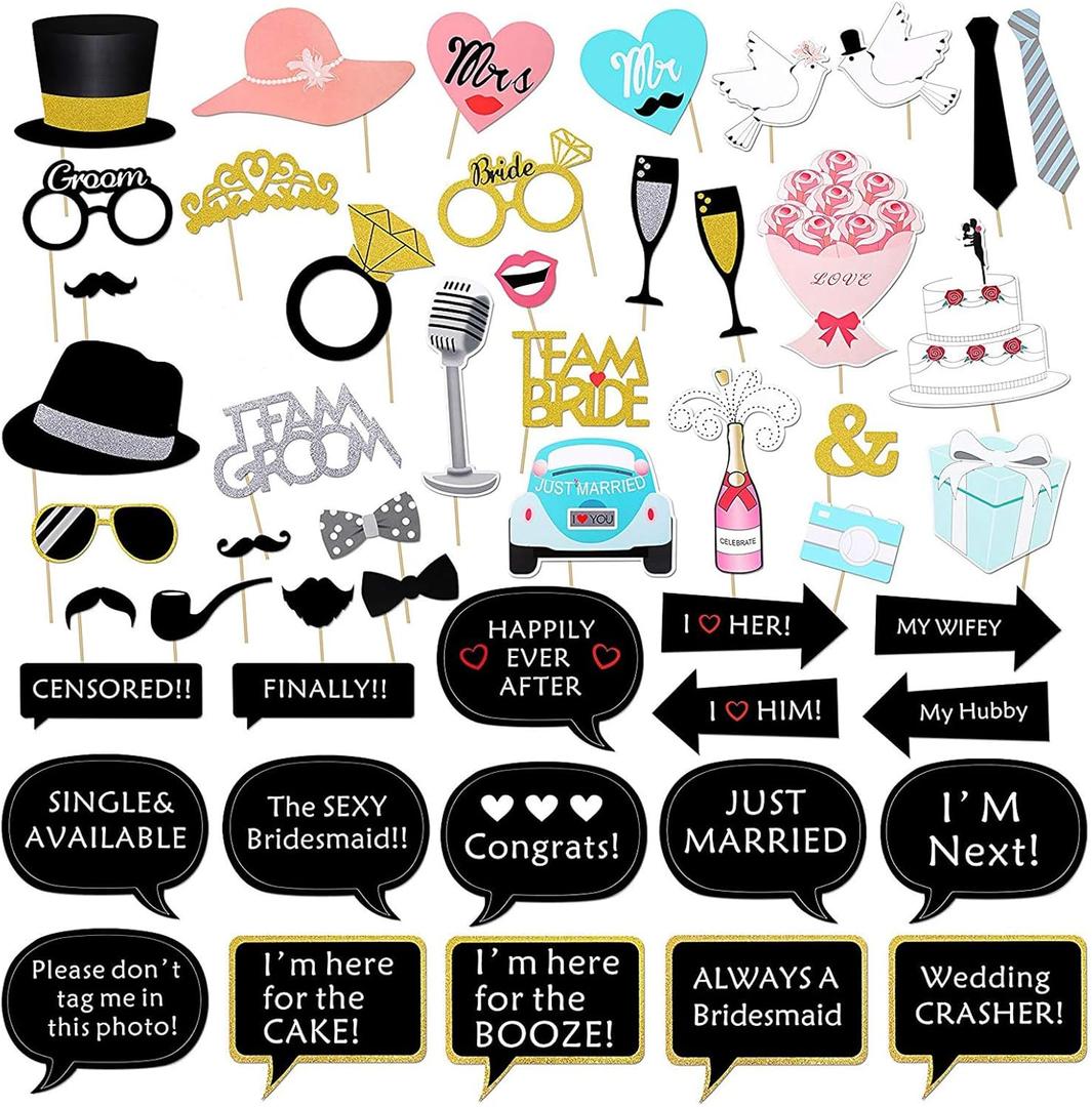 Wedding Photo Booth Props Kit, Konsait Bridal Shower Photo Booth Prop with Wooden Dowels for Wedding Shower Party Supplies (52 Counts)