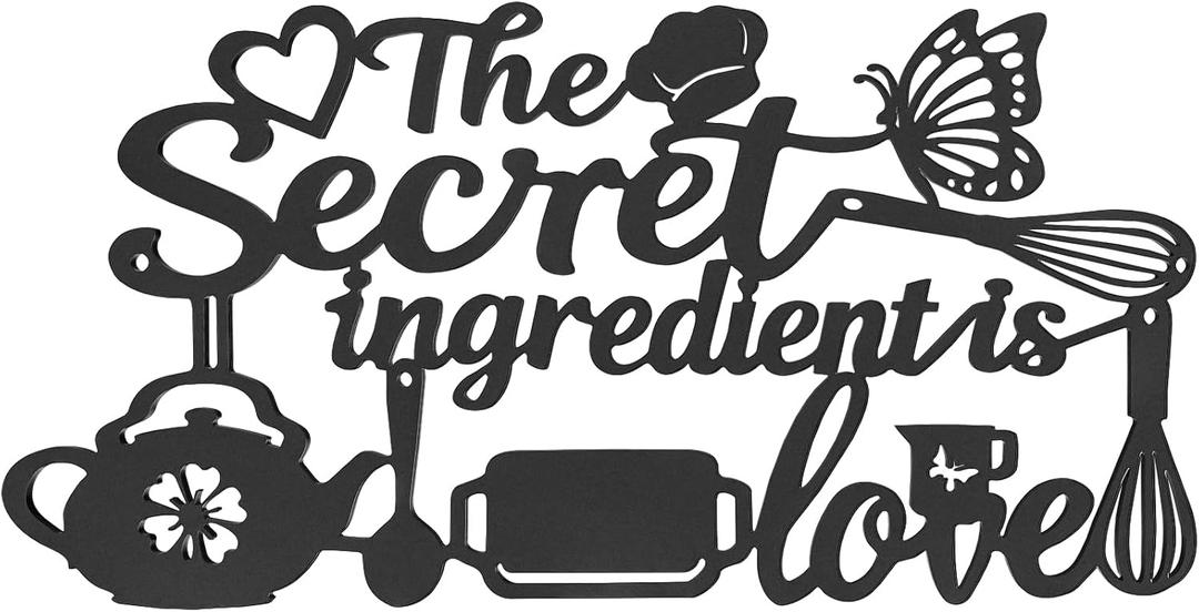 The Secret Ingredient is Love Metal Wall Art Sign, 16.58.5 Inch Farmhouse Kitchen Wall Decor with Heart & Kitchenware Pattern, Rustic Black Quote Sign for Dining Room Cafe Pantry Housewarming Gift Indoor Outdoor Hanging Decor